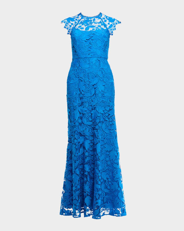 Raven Cap-Sleeve Floral Lace Gown
